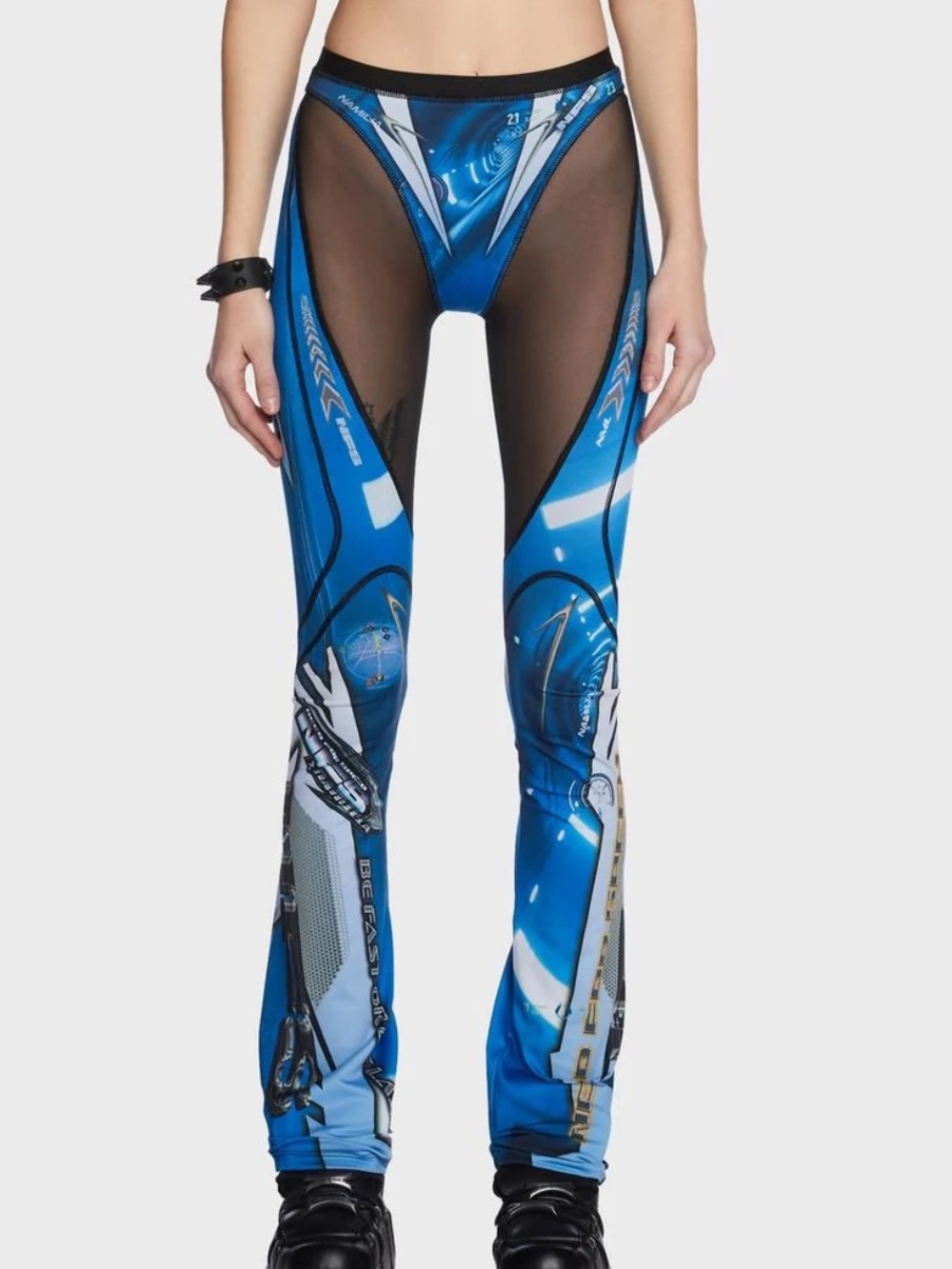 Blue Graphic Mesh-Inset Flare Pants